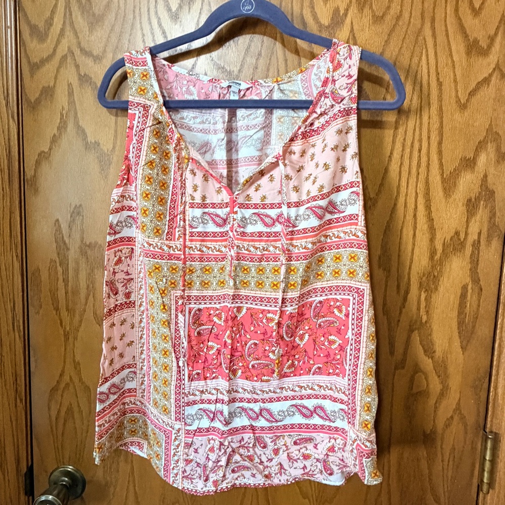Sleeveless Pink Paisley Print V-Neck Tank Top Size Large